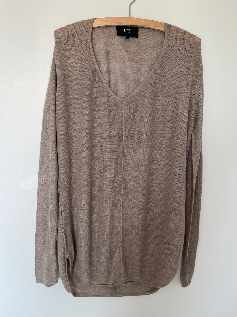 LINE V-Neck Lightweight Knit Sweater in Taupe, Size Large